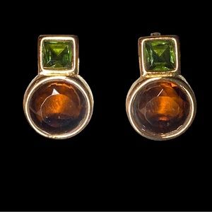 Costume Clip Earrings Amber Green Gold Tone